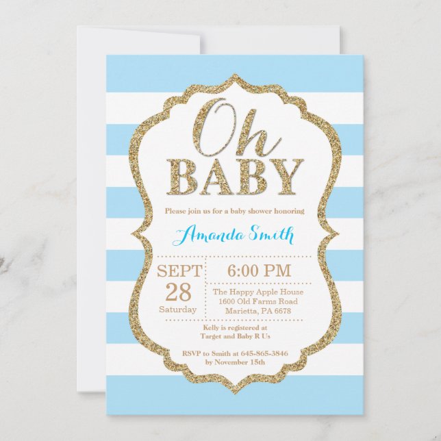 Oh Baby Blue and Gold Baby Shower Invitation (Front)