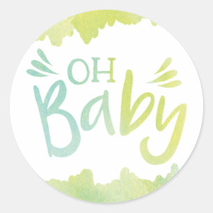 "Oh Baby" Blue and Green Watercolor Baby Shower Classic Round Sticker