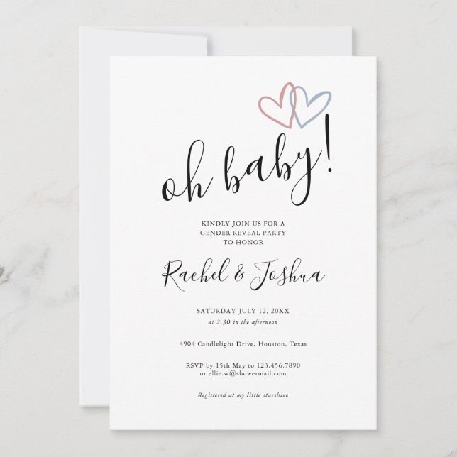 Oh Baby Blue And Pink Hearts Gender Reveal Party Invitation (Front)