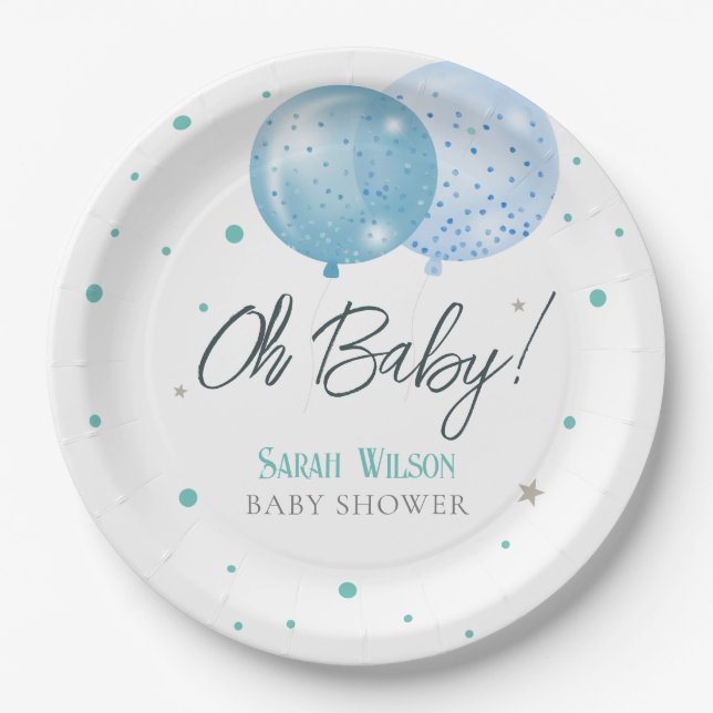Oh Baby Blue Balloons Boy Baby Shower Paper Plate (Front)