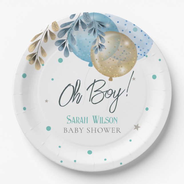 Oh Baby Blue Balloons Boy Baby Shower Paper Plate (Front)