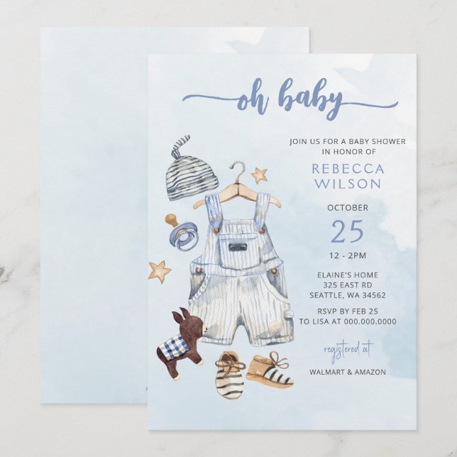 Oh Baby Blue Boho Boy Baby Shower Invitation (Front/Back)