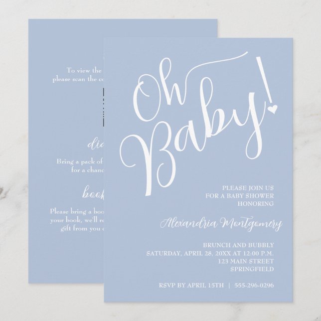 Oh Baby! Blue Boy Baby Shower QR Code Invitation (Front/Back)