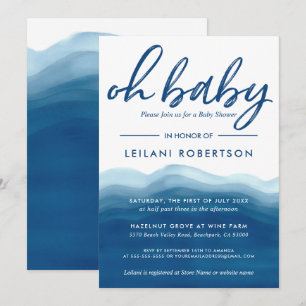 Oh Baby Blue Boy Baby Shower Watercolor Wave  Invitation