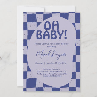 Oh Baby! Blue Checkered Modern Baby Shower Invitation
