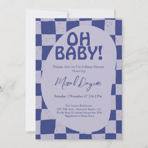 Oh Baby! Blue Chequered Modern Baby Shower Invitation
