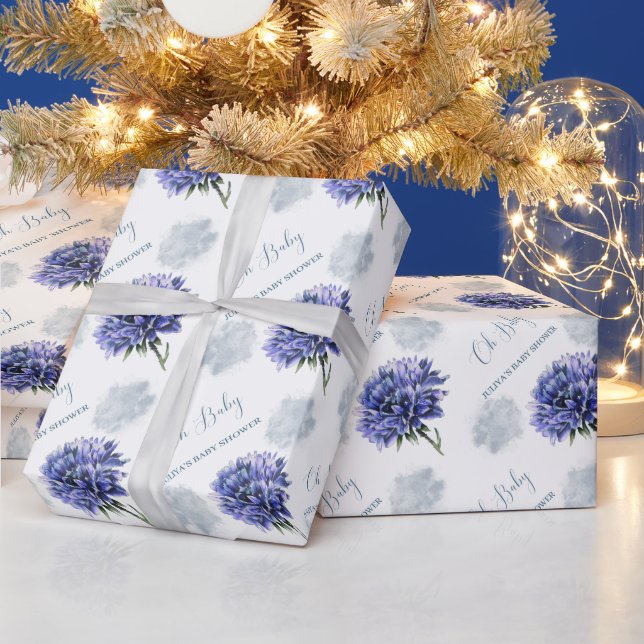 Oh Baby blue floral baby shower Wrapping Paper (Holidays)