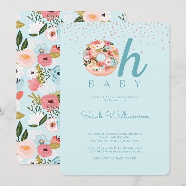 Oh Baby Blue Floral Botanical Doughnut Baby Shower Invitation (Front/Back)