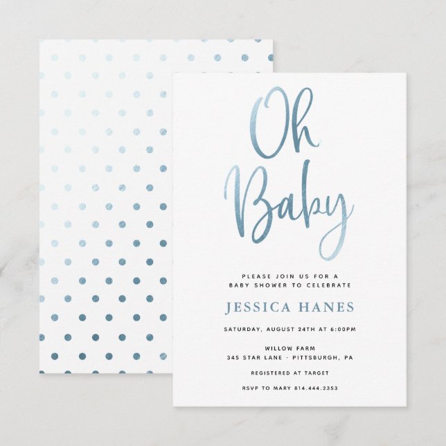 Oh Baby Blue Foil Baby Shower Invitation (Front/Back)
