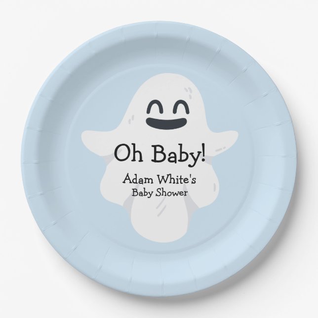 Oh Baby Blue Ghost Halloween Baby Shower Paper Plate (Front)