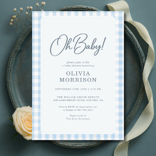 Oh Baby Blue Gingham Baby Shower Invitation