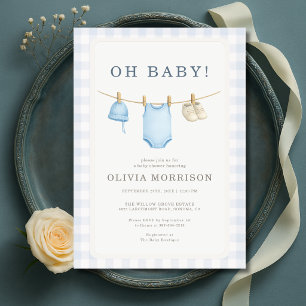 Oh Baby Blue Gingham Baby Shower Invitation