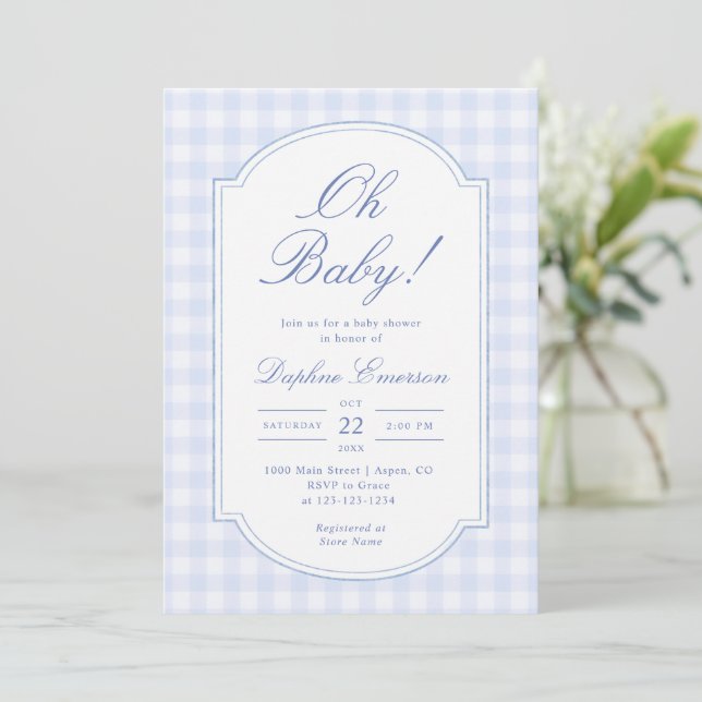 Oh Baby Blue Gingham Baby Shower Invitation (Standing Front)