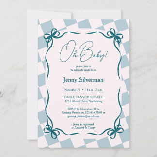 Oh Baby Blue Gingham Bows Baby Shower Invitation