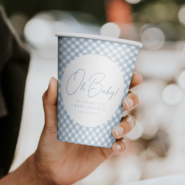 Oh baby blue gingham personalised baby shower paper cups (Creator Uploaded)