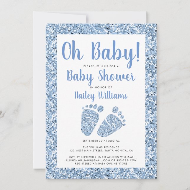 Oh Baby Blue Glitter Baby Feet Baby Shower Invitation (Front)
