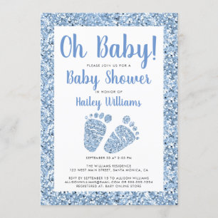 Oh Baby Blue Glitter Baby Feet Baby Shower Invitation
