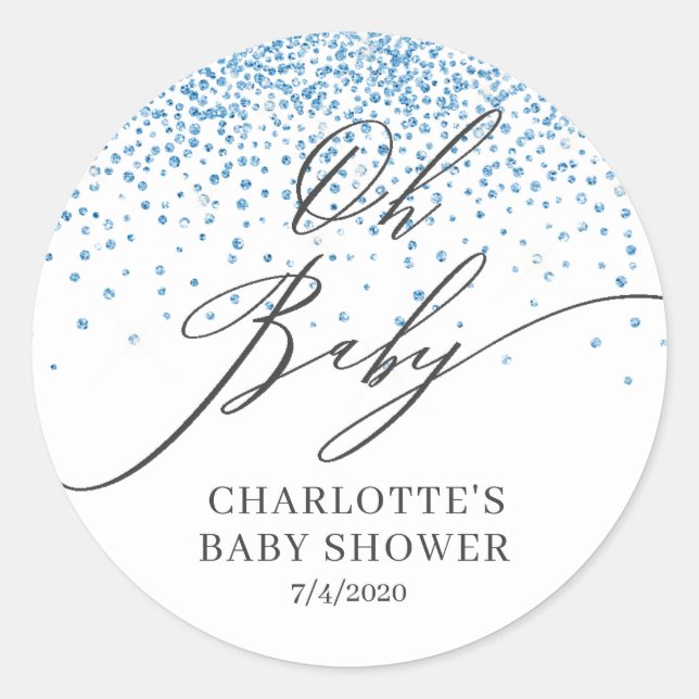 Oh Baby Blue Glitter Favour Sticker (Front)