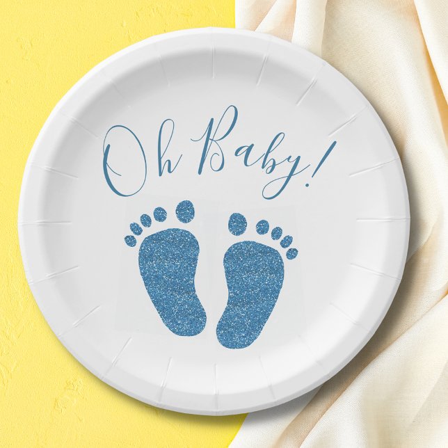 Oh Baby Blue Glitter Feet Baby Shower  Paper Plate (Creator Uploaded)