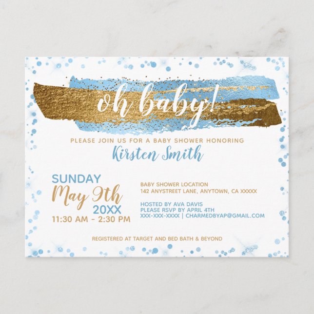 Oh Baby Blue & Gold Boy Baby Shower Invitations (Front)