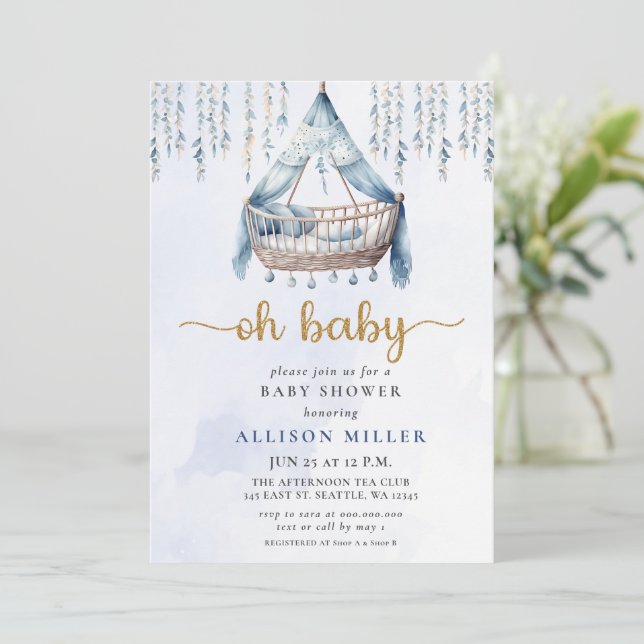 Oh Baby Blue Gold Crib Boho Boy Baby Shower  Invitation (Standing Front)