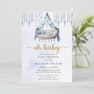 Oh Baby Blue Gold Crib Boho Boy Baby Shower Invitation