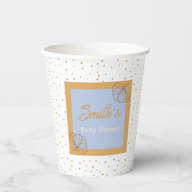 Oh Baby Blue Gold Ginkgo Leaf Baby Shower Paper Cups (Front)