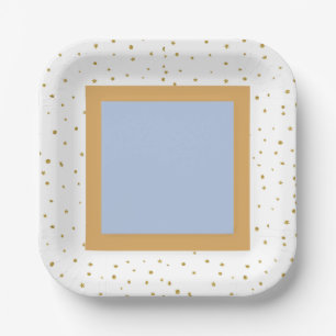 Oh Baby Blue Gold Ginkgo Leaf Square Baby Shower Paper Plate