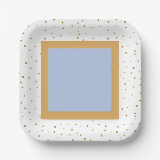 Oh Baby Blue Gold Ginkgo Leaf Square Baby Shower Paper Plate (Front)