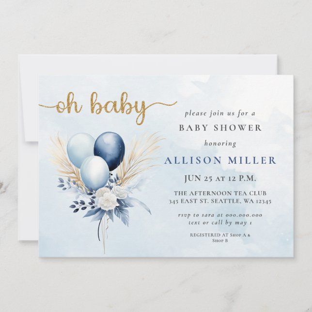Oh Baby Blue Gold Pampas Boho Boy Baby Shower  Invitation (Front)