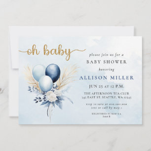 Oh Baby Blue Gold Pampas Boho Boy Baby Shower Invitation