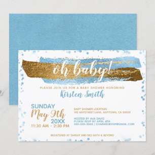 Oh Baby Blue Gold Simple Elegant Boy Baby Shower Invitation
