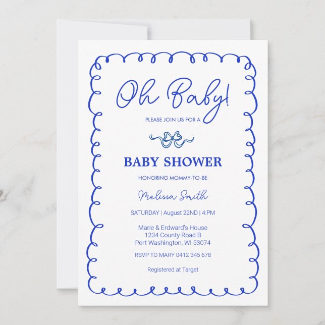 Oh Baby Blue Hand Drawn Baby Shower  Invitation (Front)