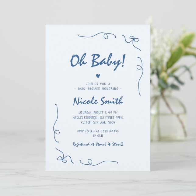 Oh Baby Blue Hand Drawn French Boy Baby Shower Invitation (Standing Front)