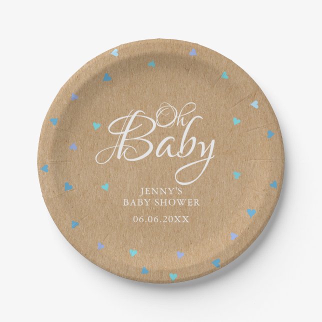Oh Baby Blue Love Hearts Baby Shower / Sprinkle Paper Plate (Front)