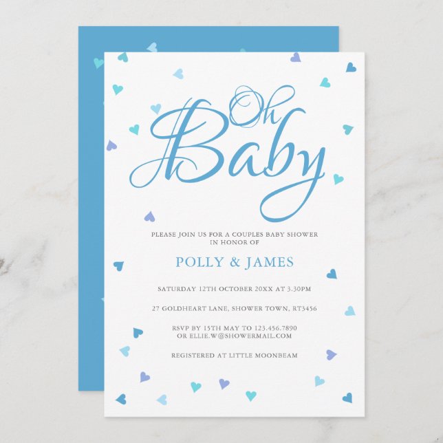 Oh Baby Blue Love Hearts Couples Baby Shower Invitation (Front/Back)