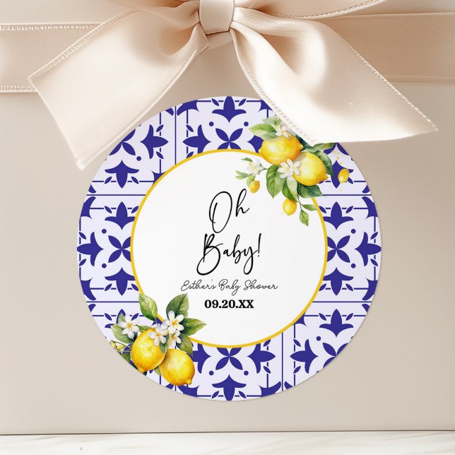 Oh Baby! Blue Mediterranean Tile Lemon Baby Shower Classic Round Sticker (Creator Uploaded)