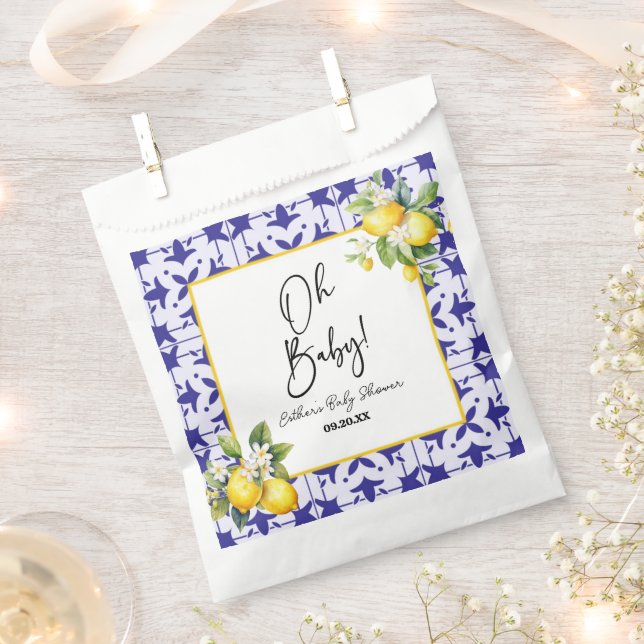 Oh Baby! Blue Mediterranean Tile Lemon Baby Shower Favour Bags (Clipped)