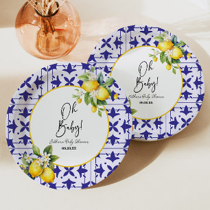 Oh Baby! Blue Mediterranean Tile Lemon Baby Shower Paper Plate
