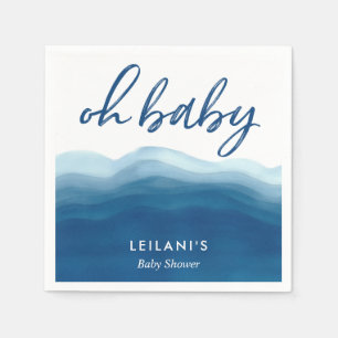 Oh Baby Blue Ombre Watercolor Wave Baby Shower Napkin