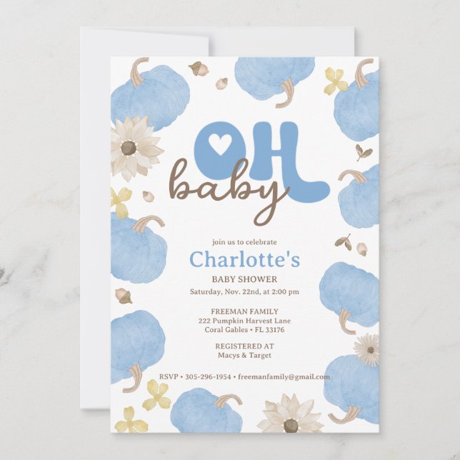 Oh Baby Blue Pumpkin Fall Baby Shower Invitation (Front)