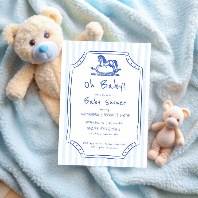Oh baby blue rocking horse sketch baby shower invitation (Oh baby dusty blue vintage rocking horse sketch baby shower invitation template)