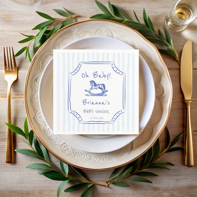Oh baby blue rocking horse sketch baby shower napkin (Oh baby blue rocking horse handrawn sketch baby shower  monogrammed napkins personalized table decor)
