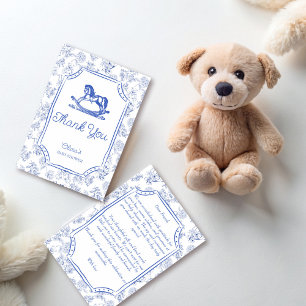 Oh baby blue rocking horse sketch baby shower thank you card