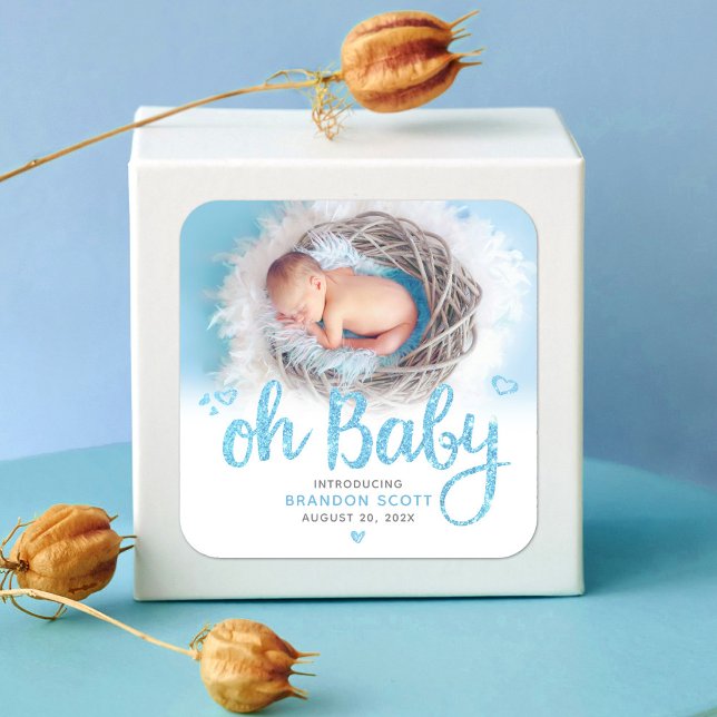 Oh Baby Blue Script Sweet Modern Boy Birth Photo Square Sticker (Creator Uploaded)