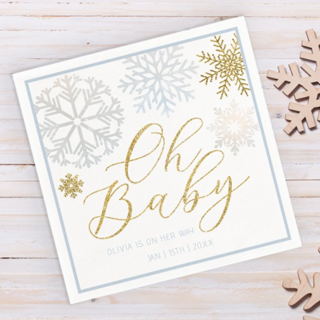 Oh Baby Blue Snowflake Shower Napkins (Winter wonderland baby shower paper napkins)
