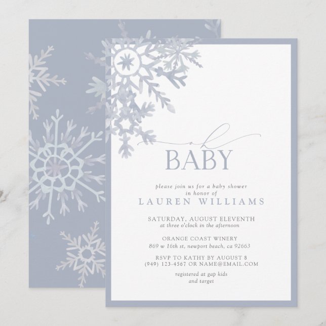 Oh Baby Blue Snowflake Watercolor Baby Shower (Front/Back)