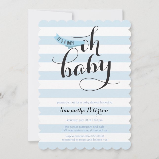 Oh Baby Blue Stripes Baby Shower Invite (Front)