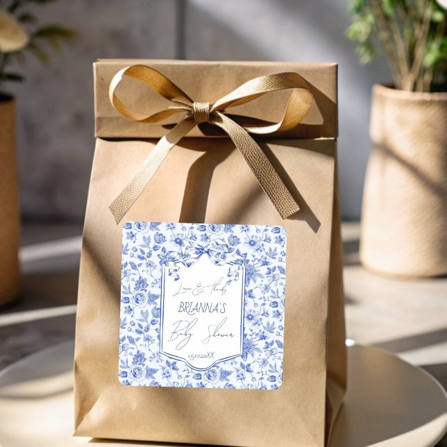 Oh baby blue toile sketch baby shower favour square sticker (Oh baby blue toile de jouy ribbon bow sketch baby shower thank you favor sticker personalized favors)