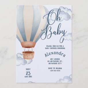 Oh Baby Blue Watercolor Air Balloon Baby Shower Invitation